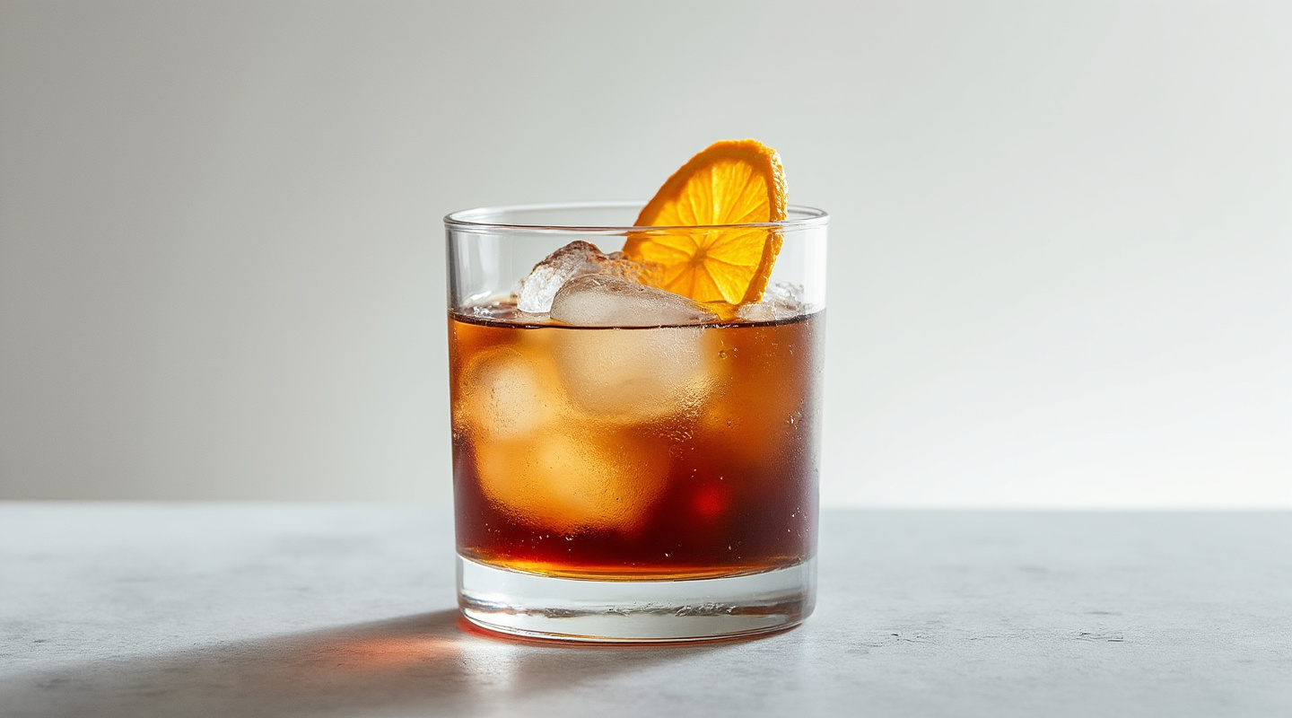 A glass of Cantinero Coffee cocktail with an orange zest twist garnish