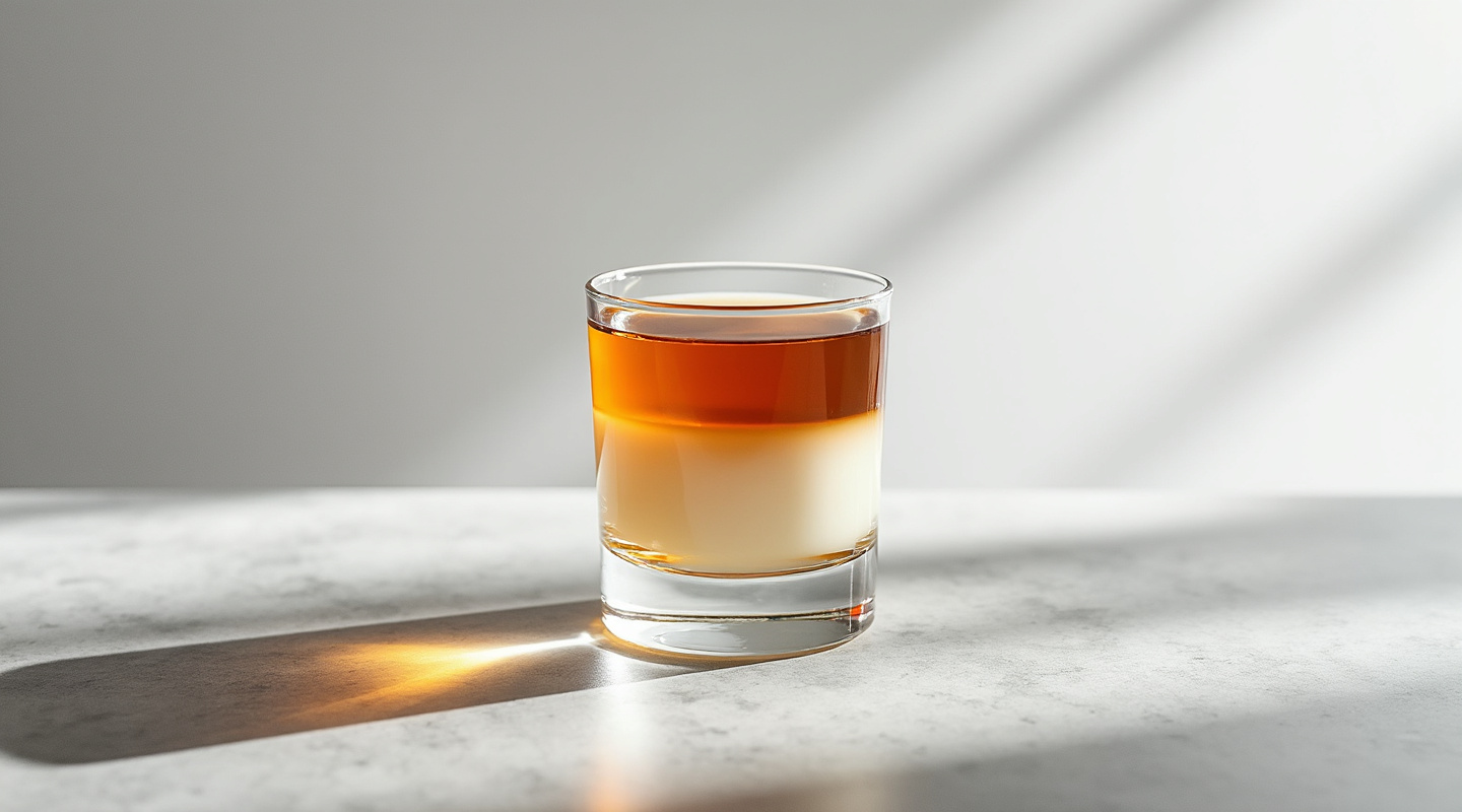 A beautifully layered Landslide cocktail in a shot glass