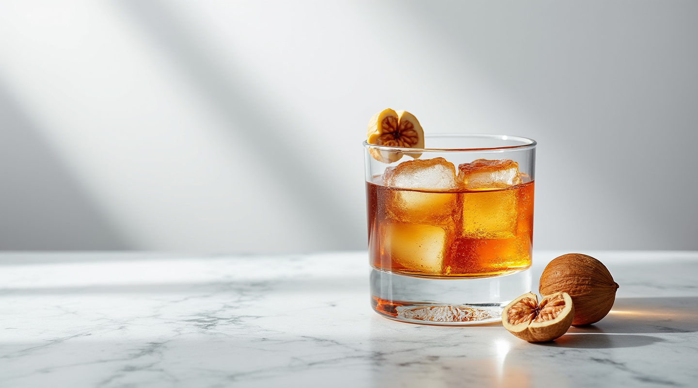Bastille Cocktail in an Old-Fashioned glass with a large ice cube