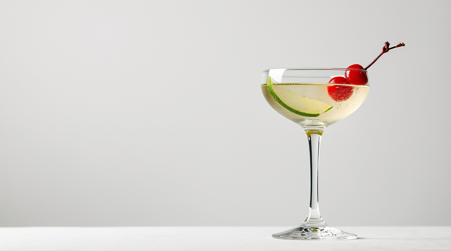 A cocktail glass containing a Last Word cocktail with a lime zest twist garnish