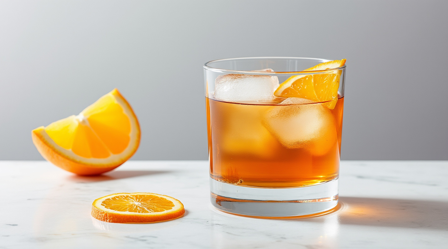 Sheroni cocktail served in an Old-fashioned glass, garnished with an orange slice wheel.