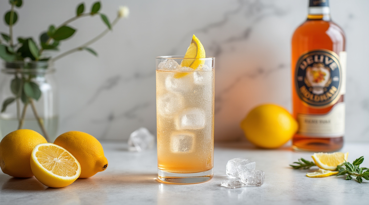 Achieve Highball cocktail in a glass with lemon twist garnish