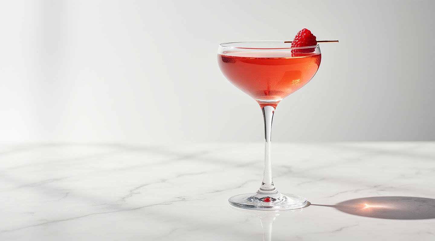 Red Thorn cocktail in a coupe glass with raspberry garnish