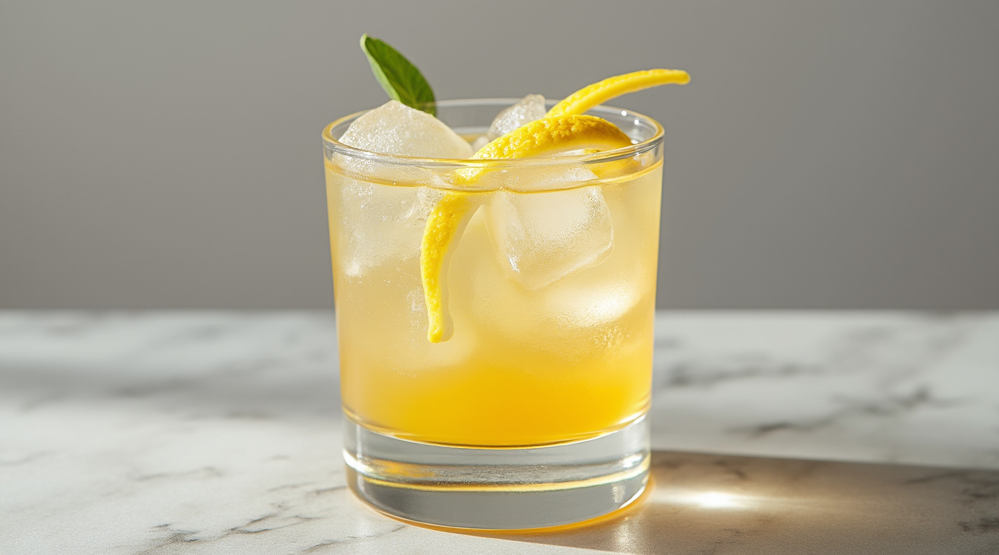 A Lemon Butter Cookie cocktail served in an Old-fashioned glass, garnished with a lemon zest twist.