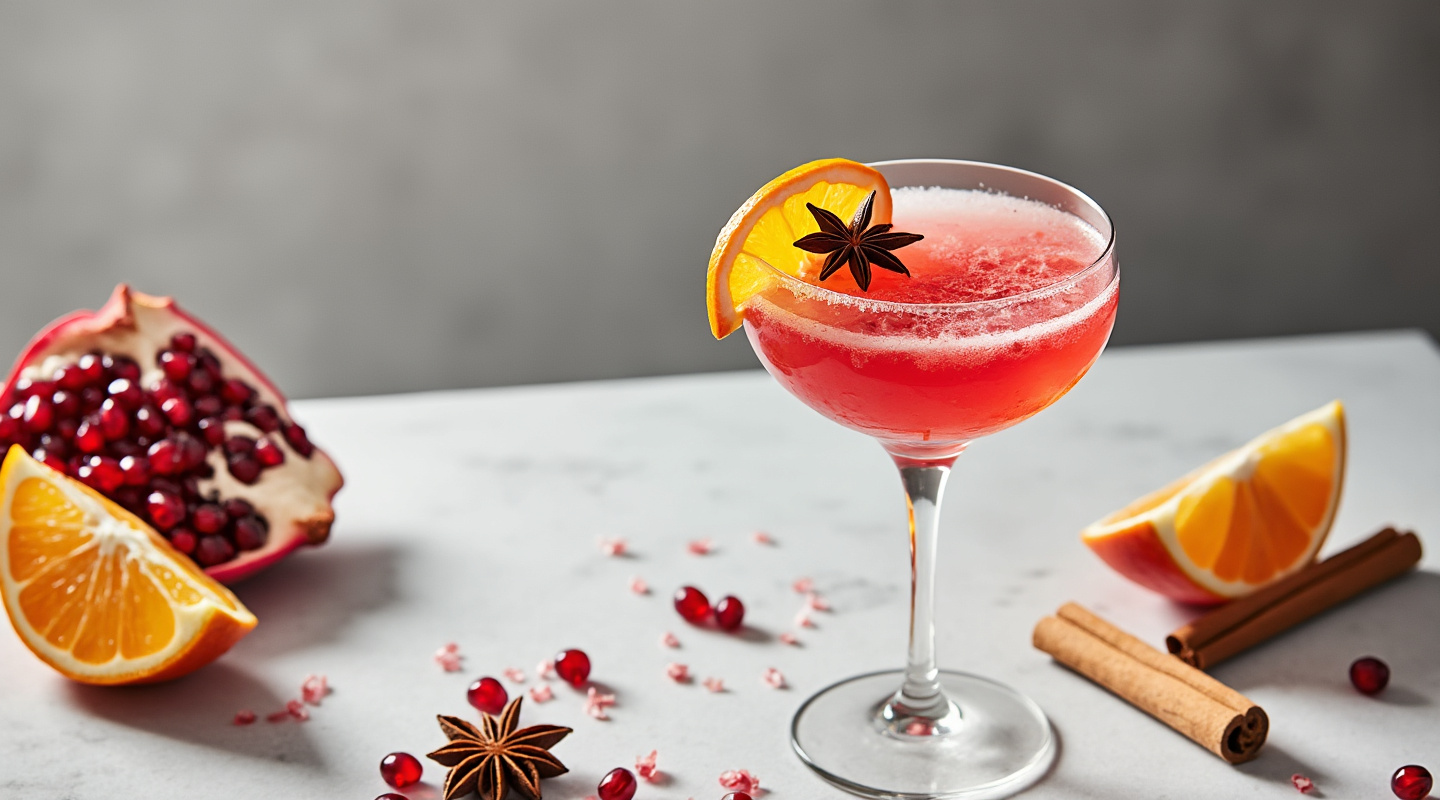 Cinnamon & Pomegranate Margarita in a coupe glass