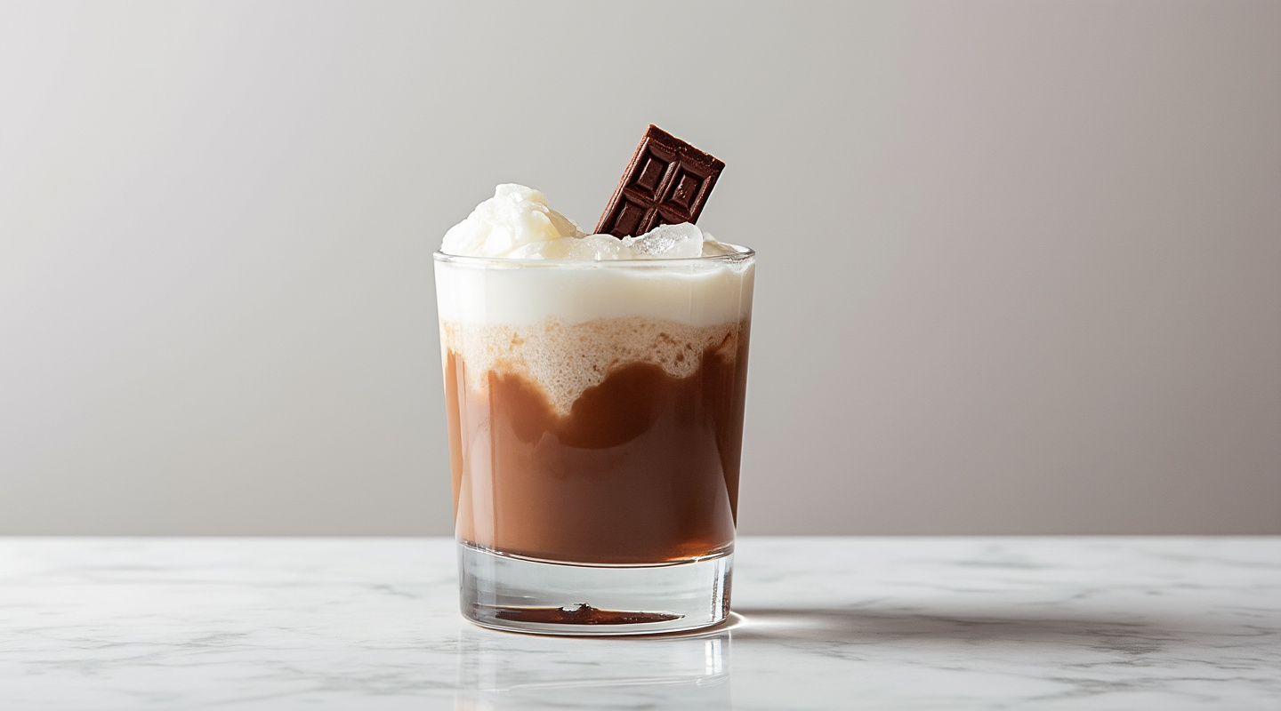 A Chocolate Puff cocktail served over ice in an Old-fashioned glass, garnished with crumbled chocolate