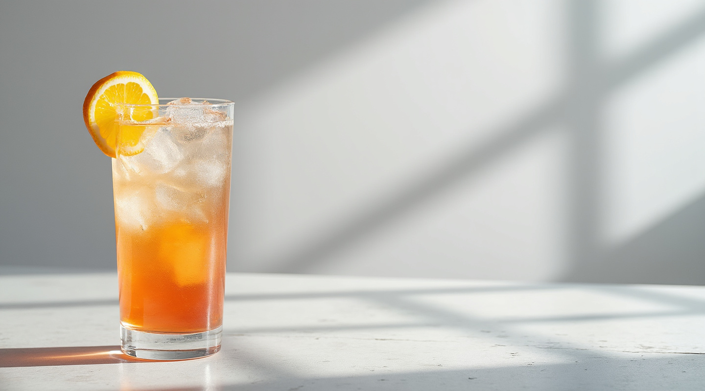 A glass of Leninade cocktail served with ice, garnished with lemon