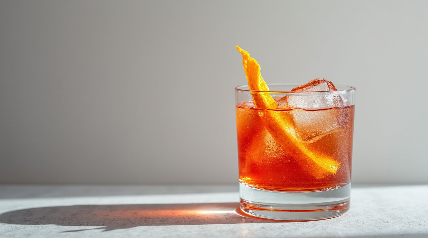 Mountain Sipper cocktail in an Old-fashioned glass with an orange zest twist garnish.