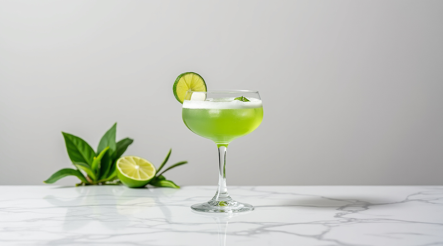Mujer Verde cocktail served in a Coupe glass with a lime zest garnish.