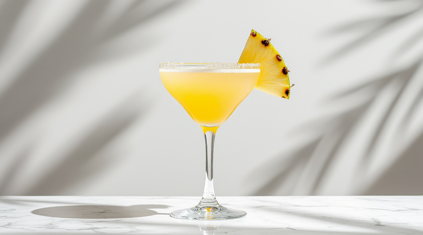 Pineapple & Ginger Cocktail with a garnish of pineapple wedge