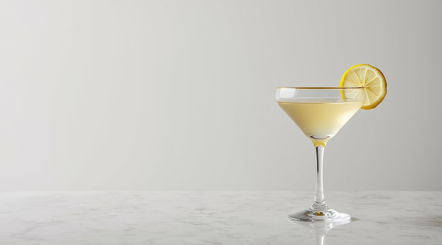 A chilled glass of The Roadrunner cocktail garnished with lemon zest.