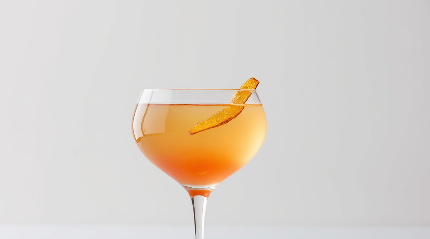 Oceans 21 cocktail served in a Coupe glass with an orange zest twist garnish