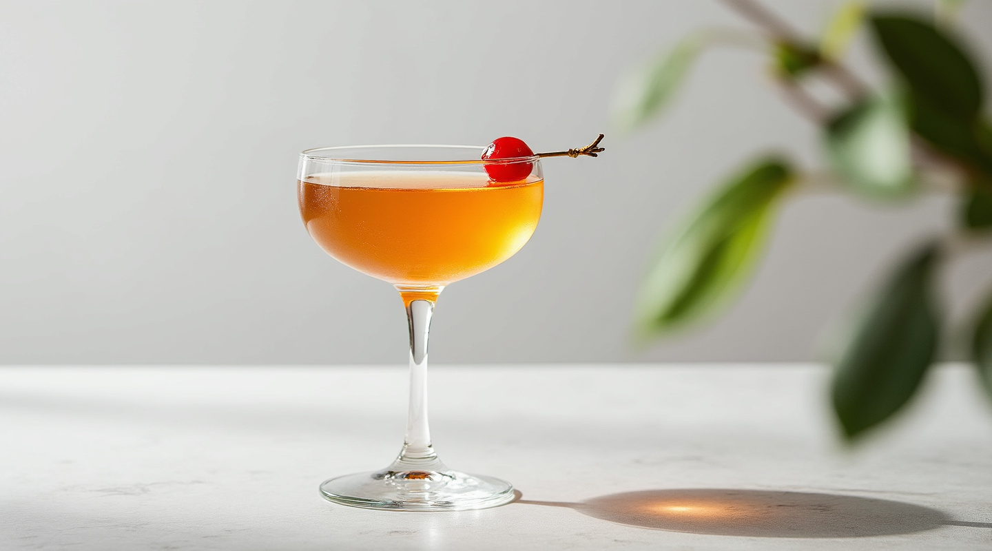 A glass of The Slope cocktail garnished with a dried apricot.