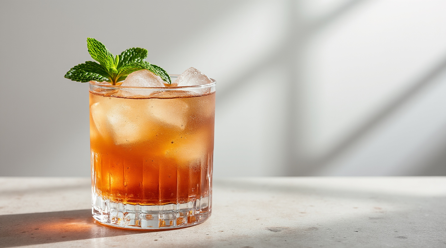 A vibrant Barnacle Bill cocktail served in an Old-fashioned glass, featuring a bouquet of mint sprigs as garnish.
