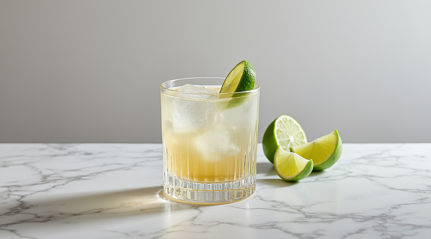 Waters of Chaos cocktail in a glass with a lime garnish