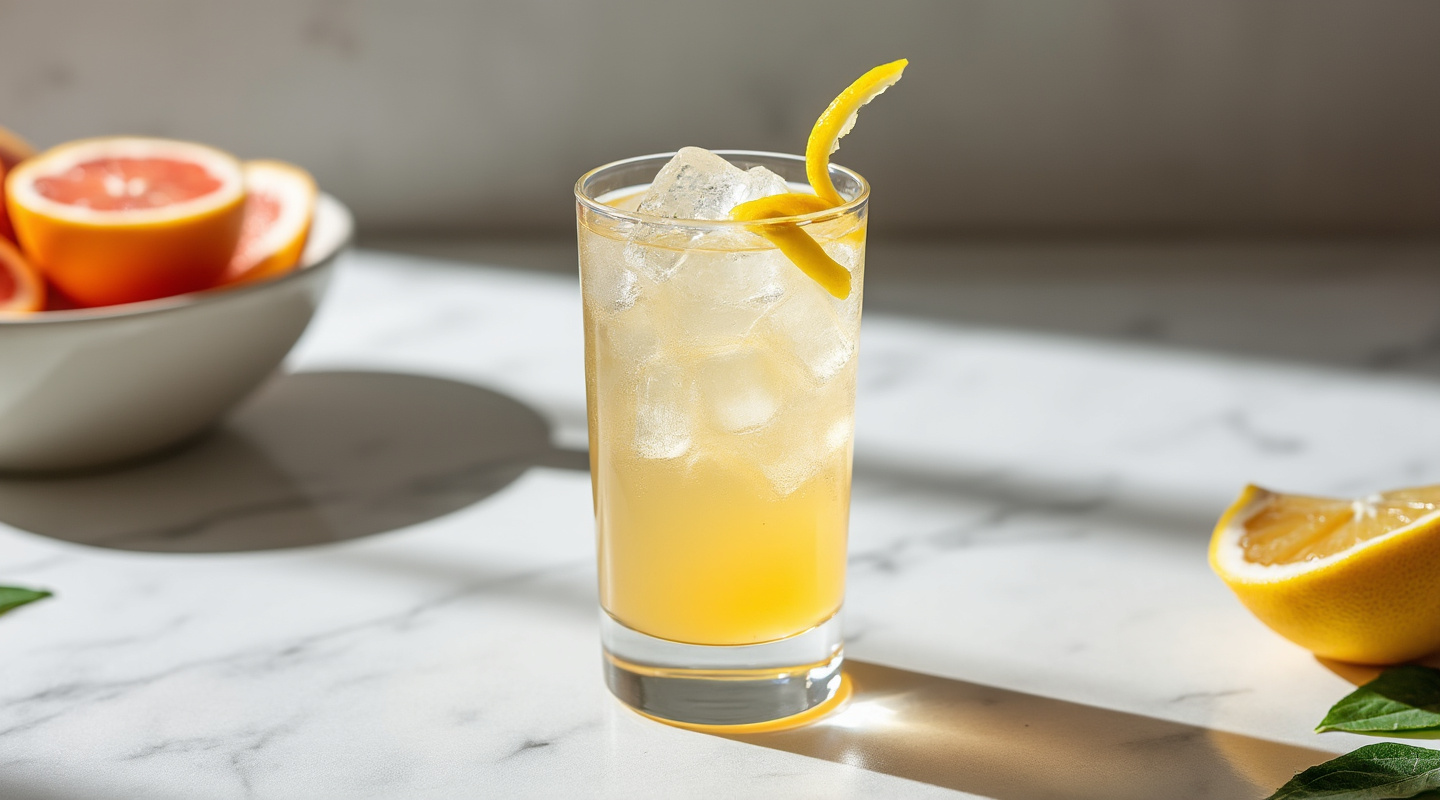 A refreshing Wisecrack Fizz cocktail served in a Collins glass, garnished with a lemon zest twist.