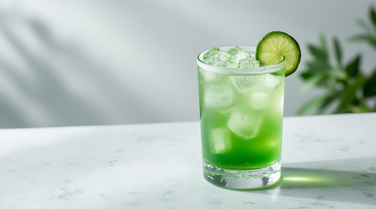 Green beast with cucumber garnish in a Collins glass