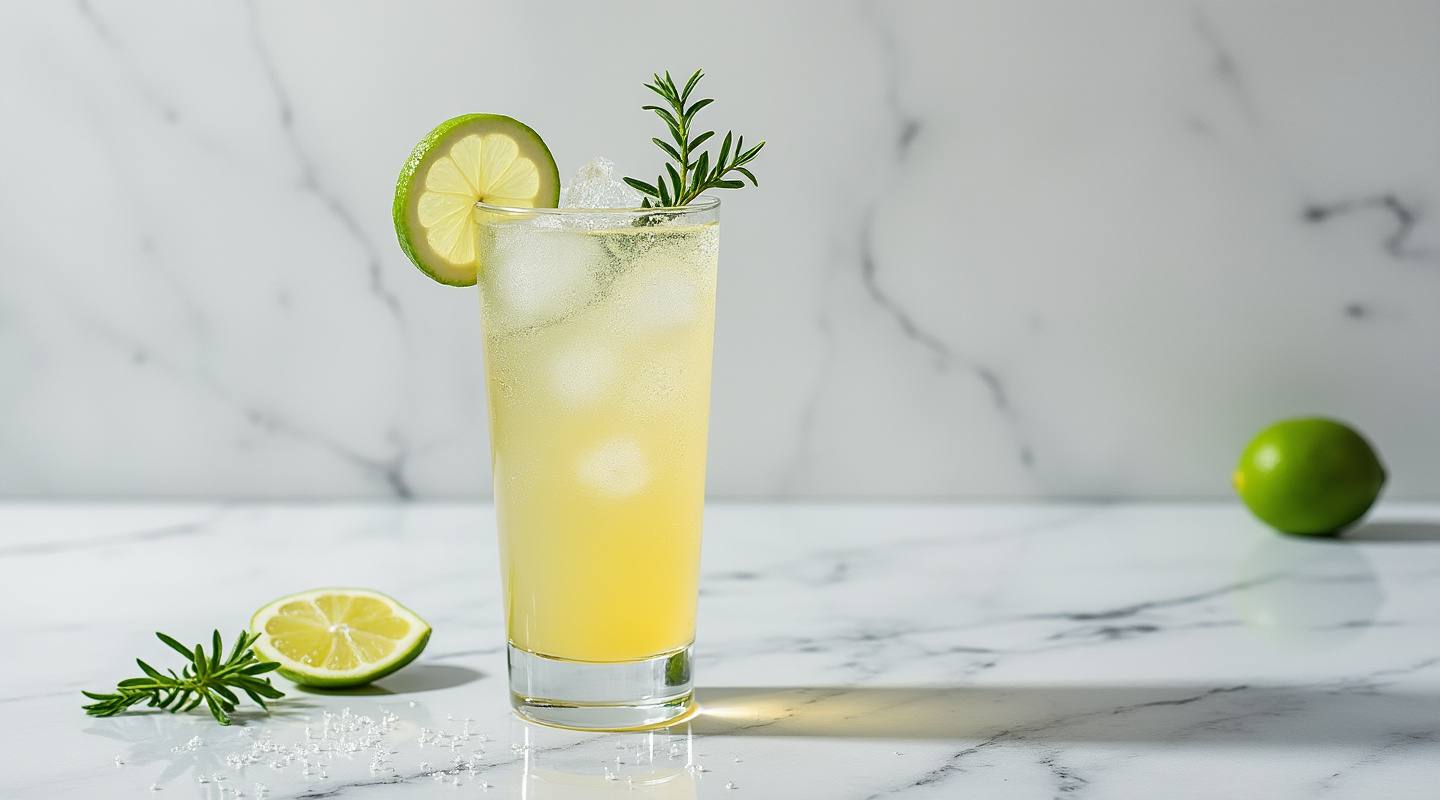 A glass of Limoncello Gin Fizz with a sprig of thyme and lemon wheel