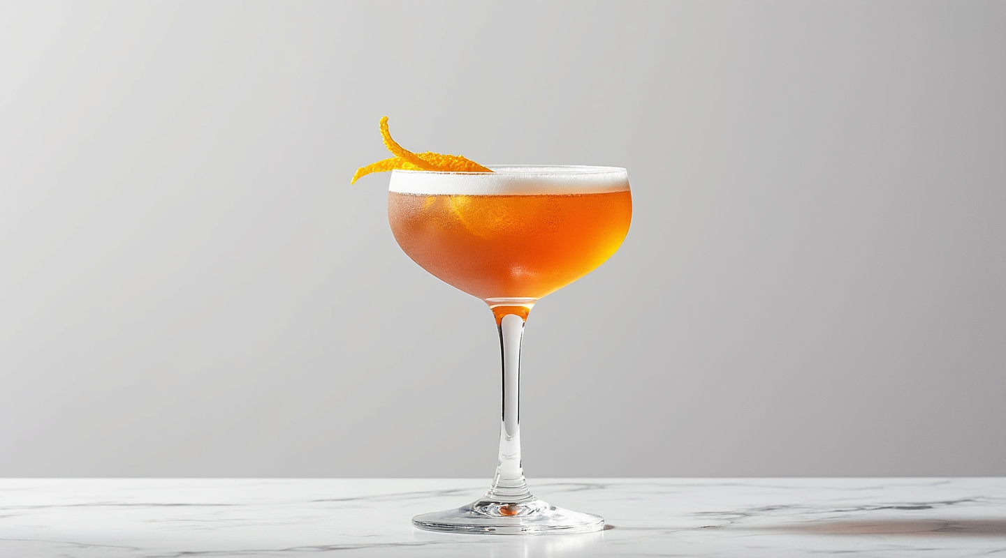 A Gilroy cocktail served in a coupe glass with an orange zest twist as garnish