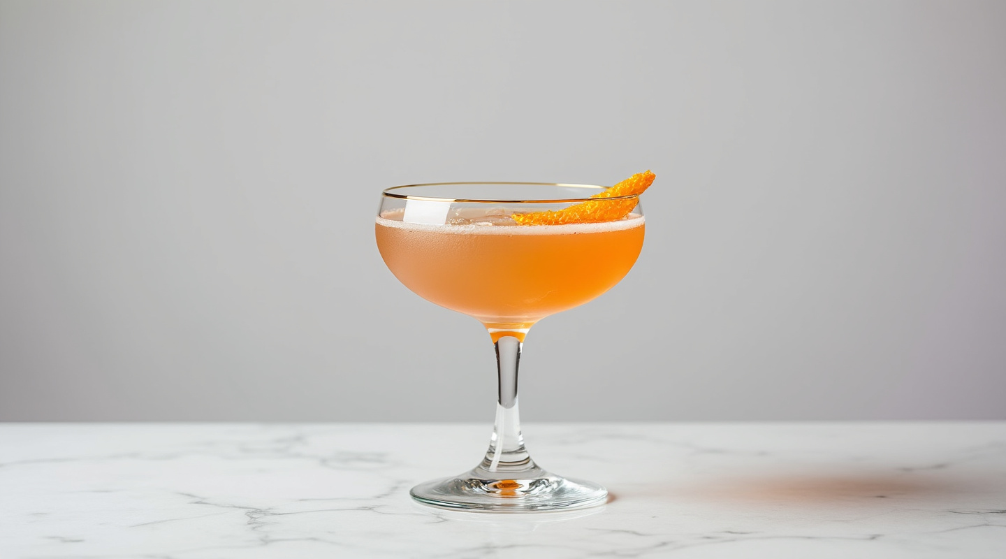 A Boozy Bijou cocktail served in a Nick & Nora glass.