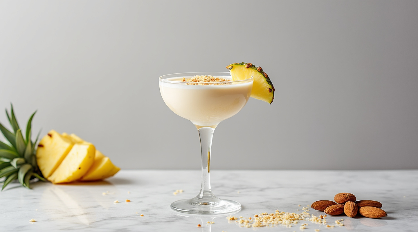 Almond Milk Colada cocktail served in a coupe glass.