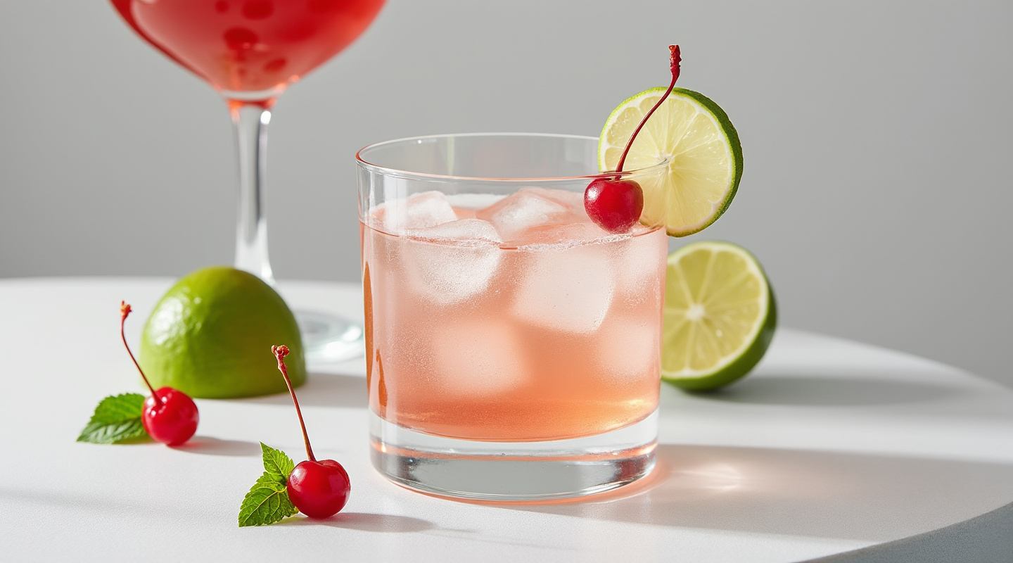 Lux Daiquiri in a glass with skewered cherry garnish