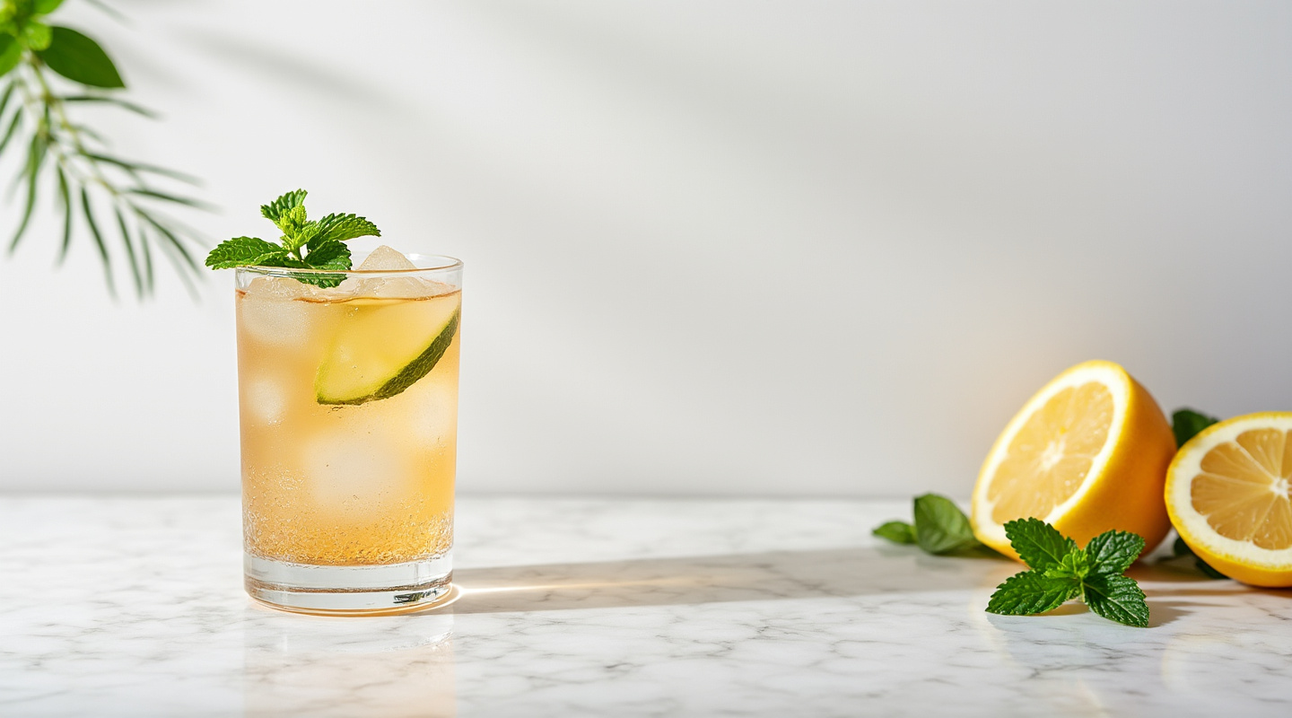 Falinum cocktail in a glass, garnished with a mint sprig bouquet.