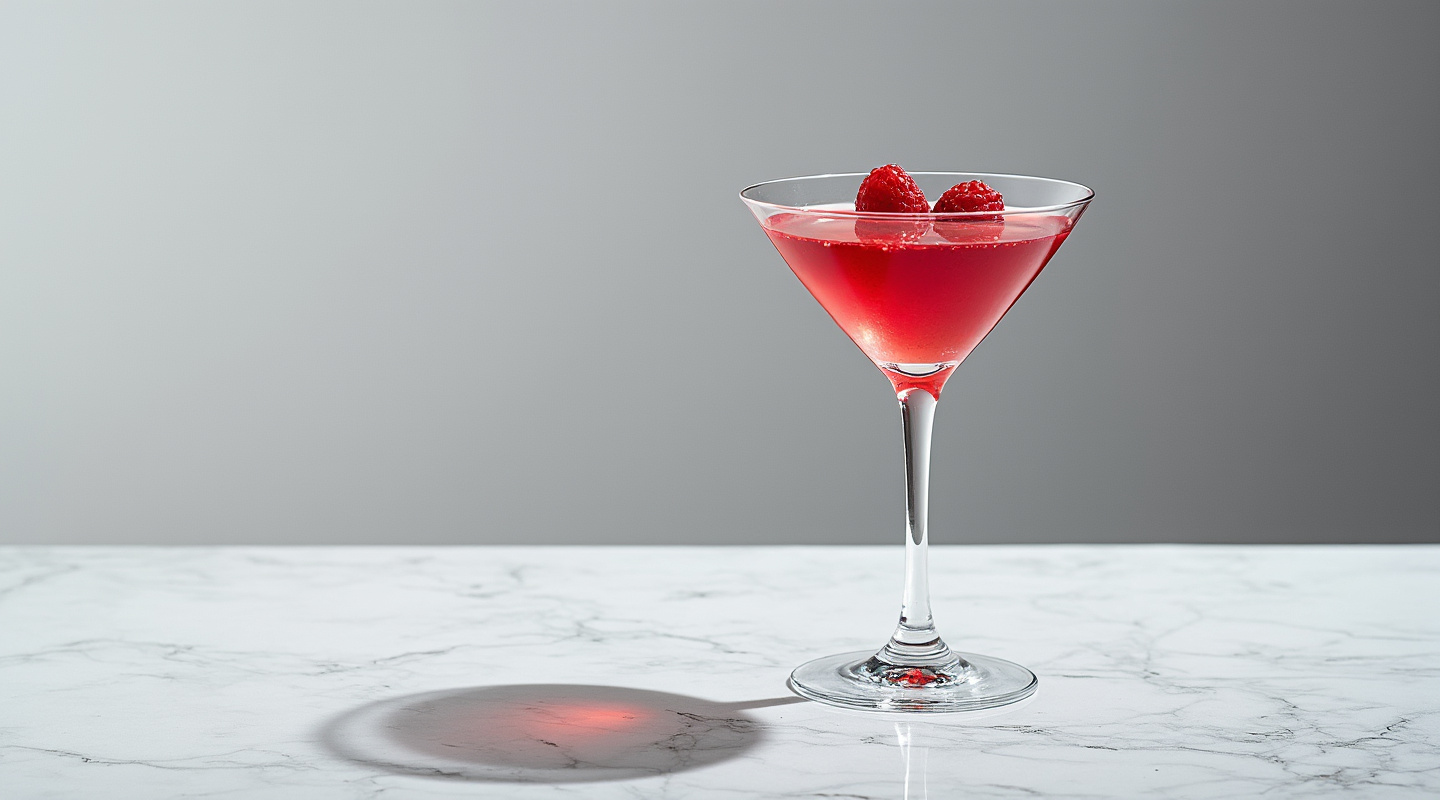 Tartini cocktail in a martini glass with raspberries