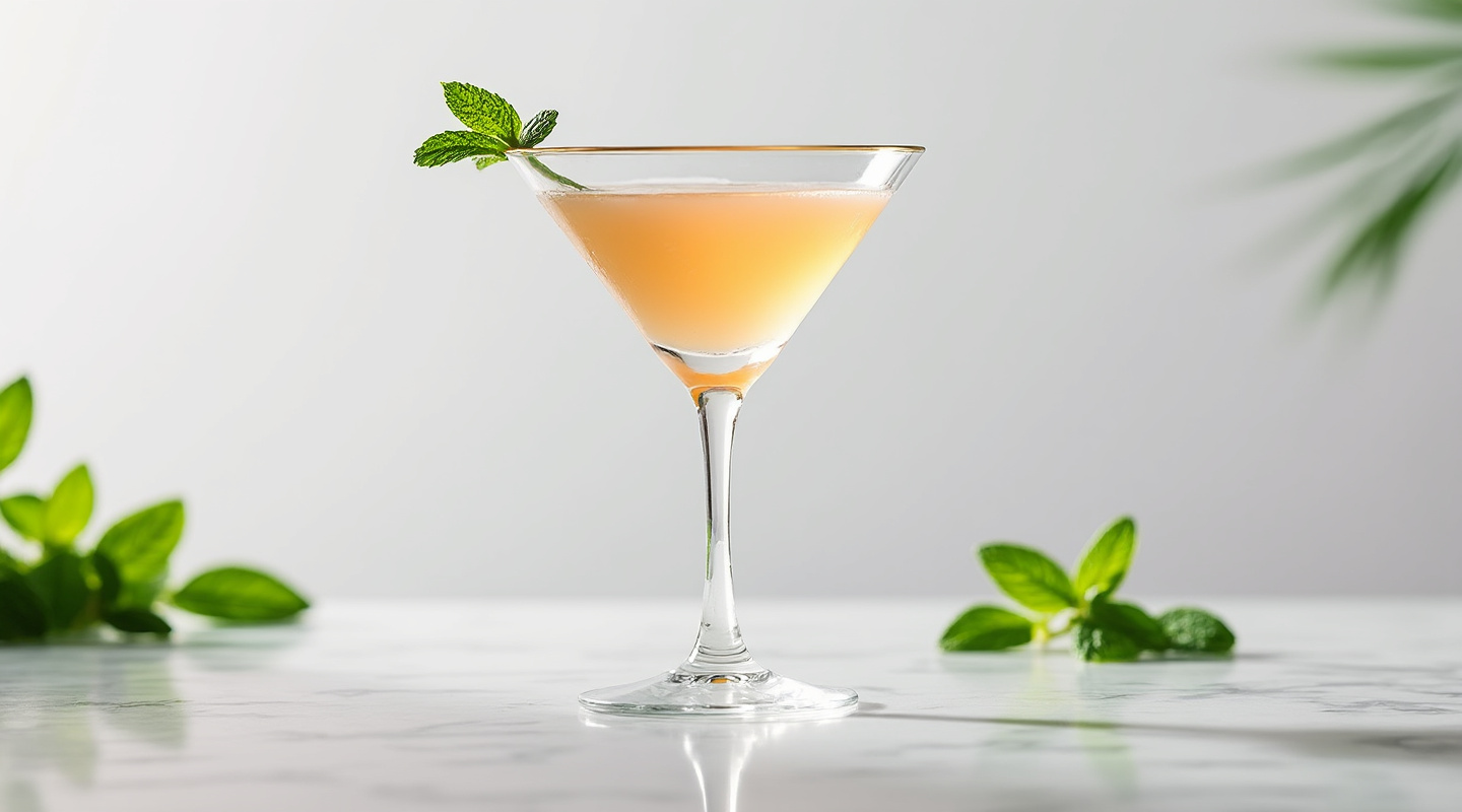 Meloncholy Martini in a chilled Martini glass garnished with mint sprigs