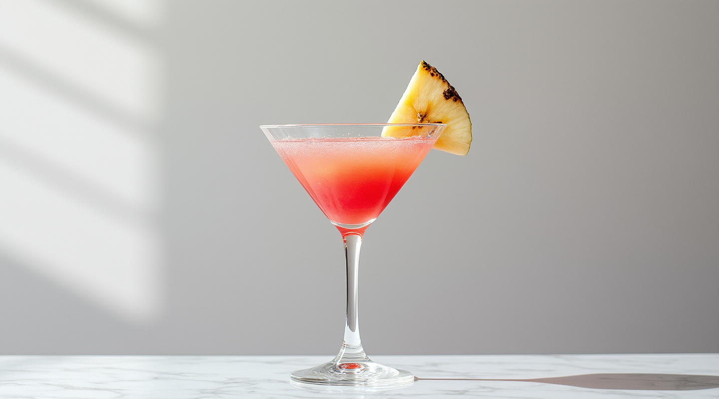 A refreshing mellow cocktail served in a chilled Martini glass, with a tropical blend.