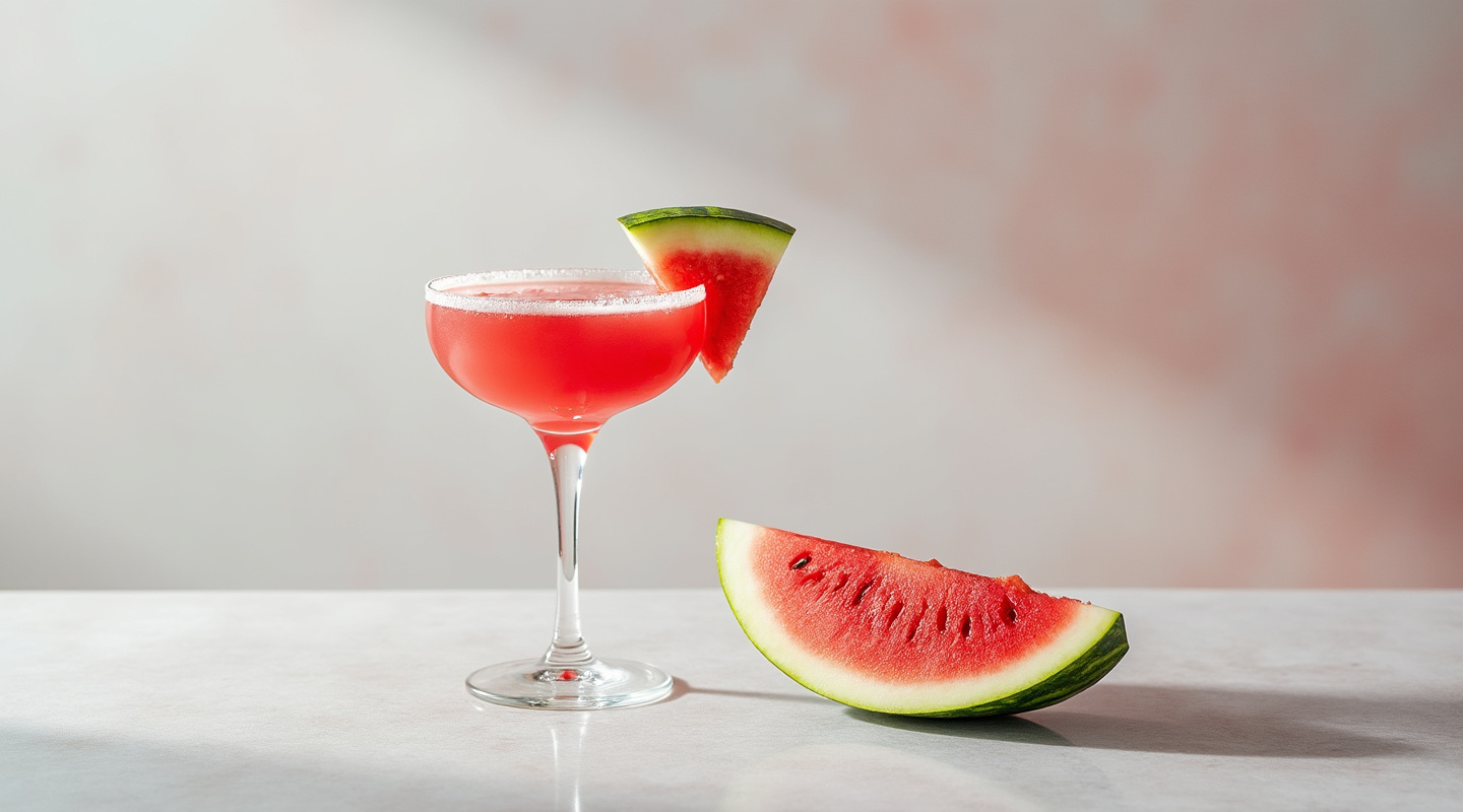 A vibrant, pink Watermelon Margarita served in a chilled coupe glass, garnished with a watermelon wedge.