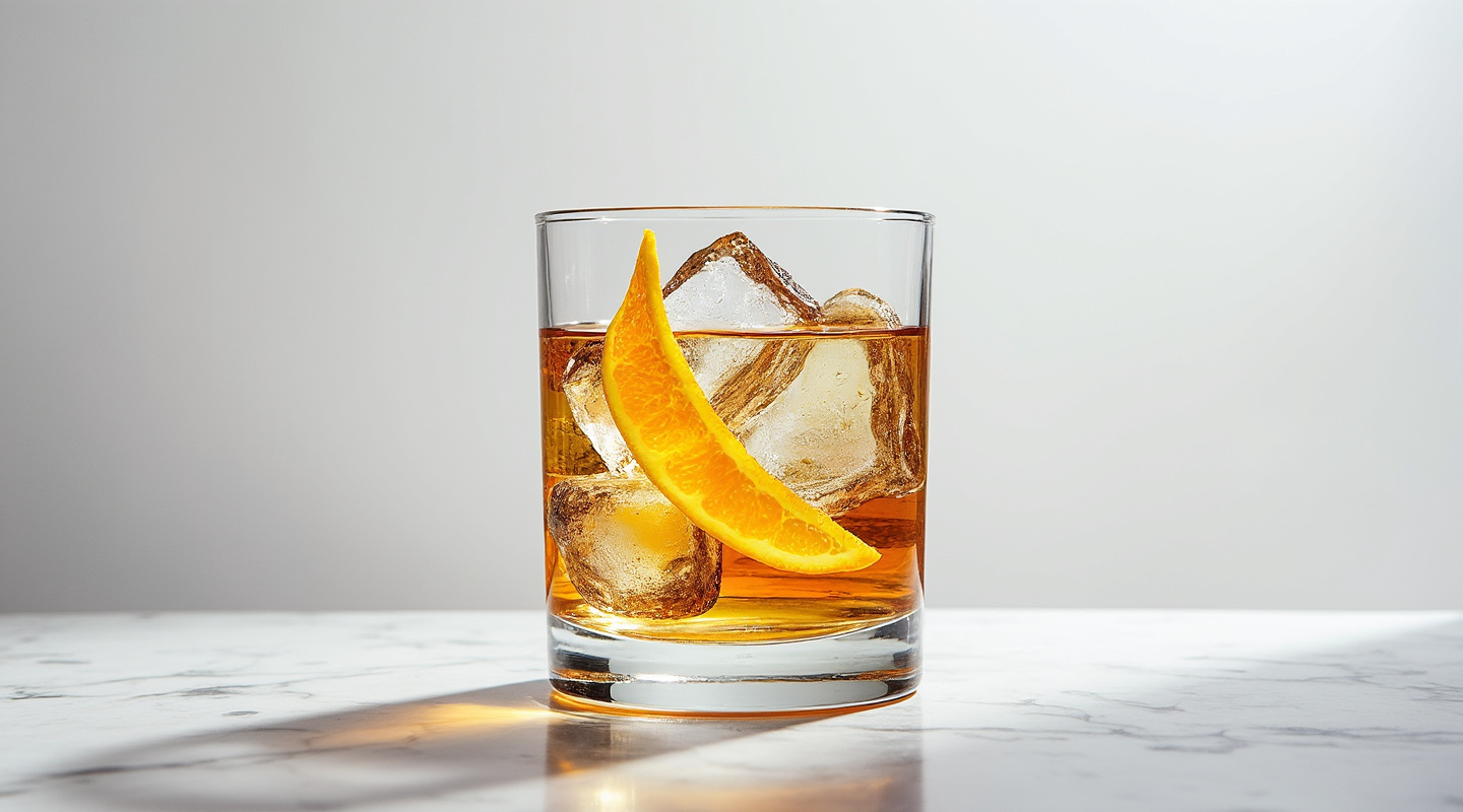 Beer on-the-rocks served in an Old-fashioned glass with a twist of orange zest