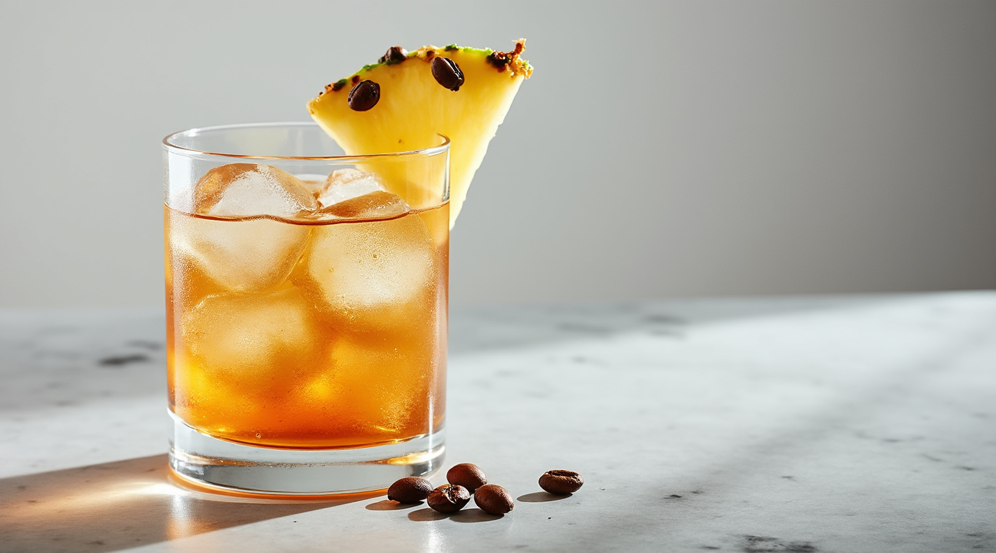 Mayan cocktail in an Old-fashioned glass garnished with pineapple wedge and coffee beans
