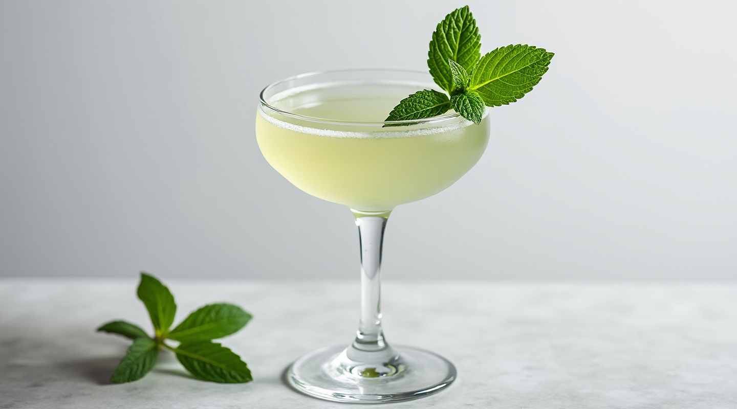Mint Cocktail in a coupe glass with mint leaf garnish