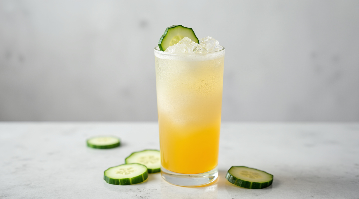 Moscow Lassi in a Collins glass garnished with cucumber slices