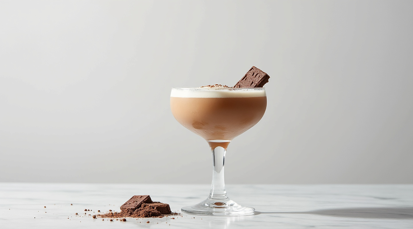 Mudslide cocktail served in a Hurricane glass with a straw and garnished with crumbled Cadbury's Flake bar
