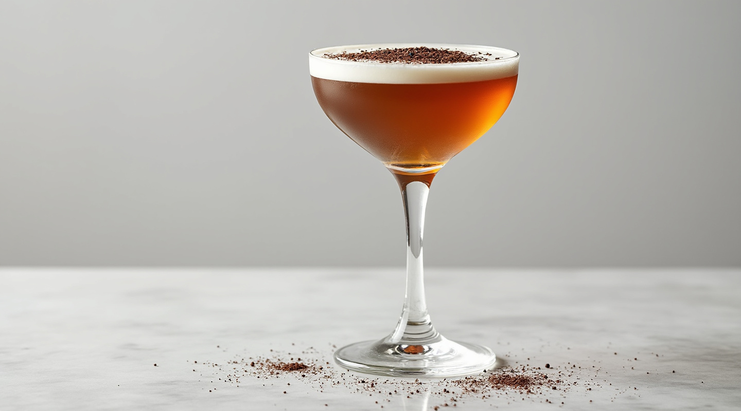 Nutcracker Sweet cocktail served in a chilled Martini glass, dusted with chocolate powder.