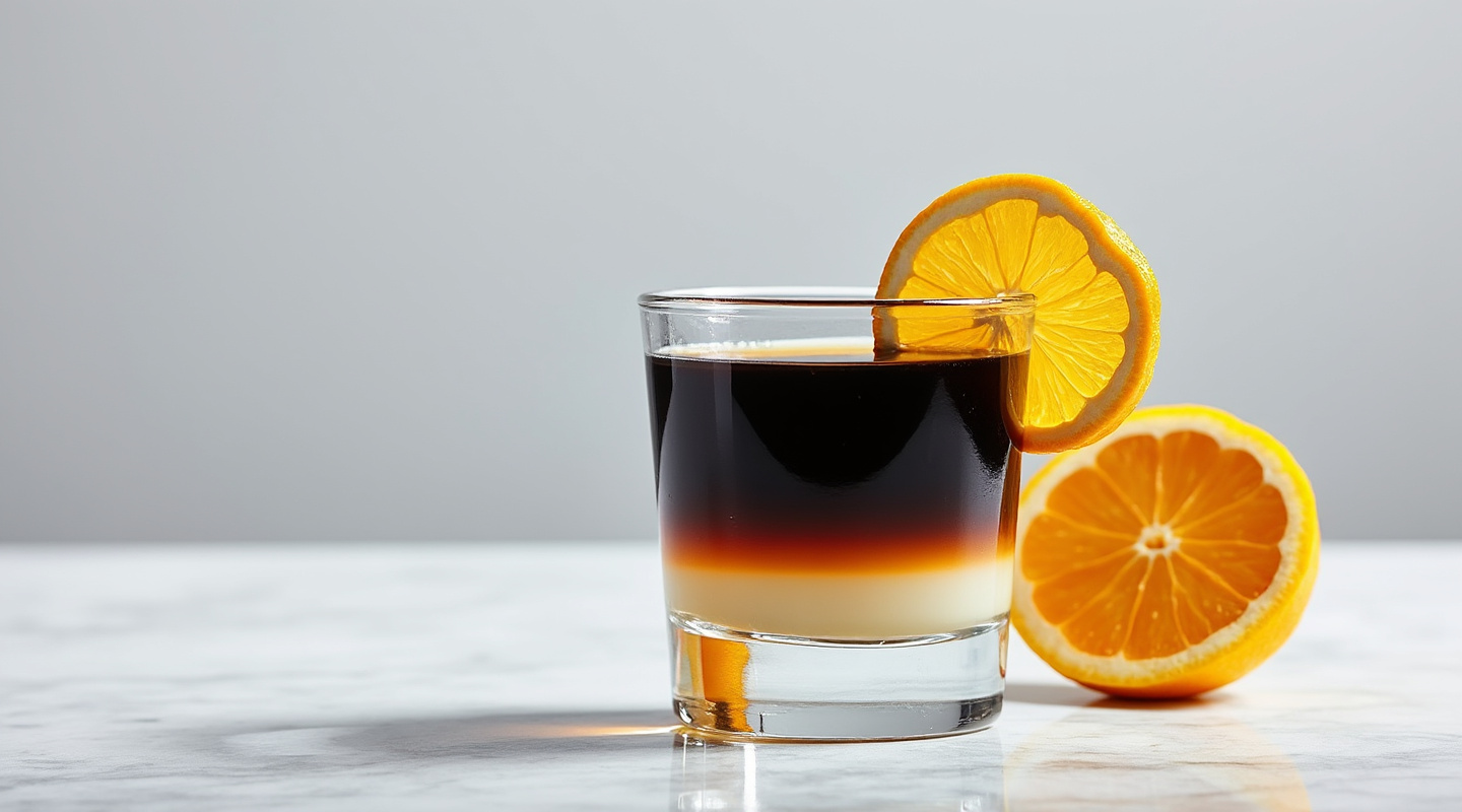 A layered Oil Slick cocktail in a shot glass