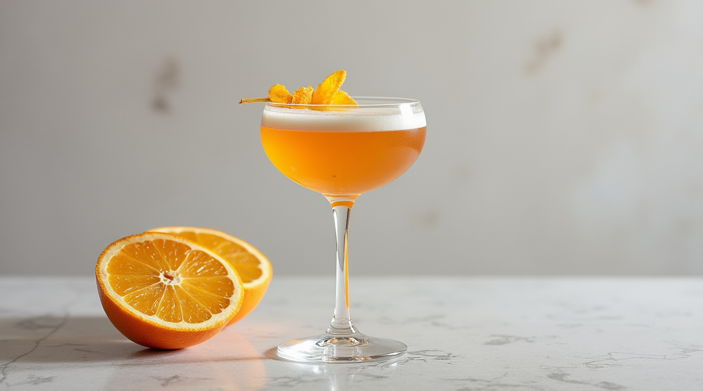 A Park Lane cocktail served in a coupe glass, garnished with an orange zest twist.