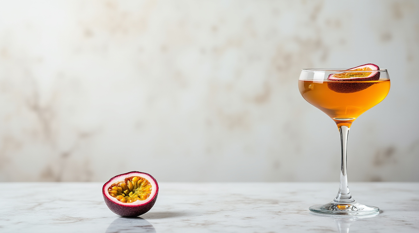 A vibrant Passion Fruit Martini served with a floating half passion fruit as garnish.