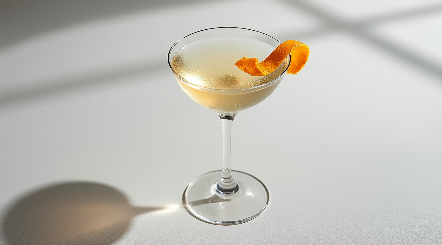 Peggy Martini cocktail served in a martini glass with an orange zest twist garnish