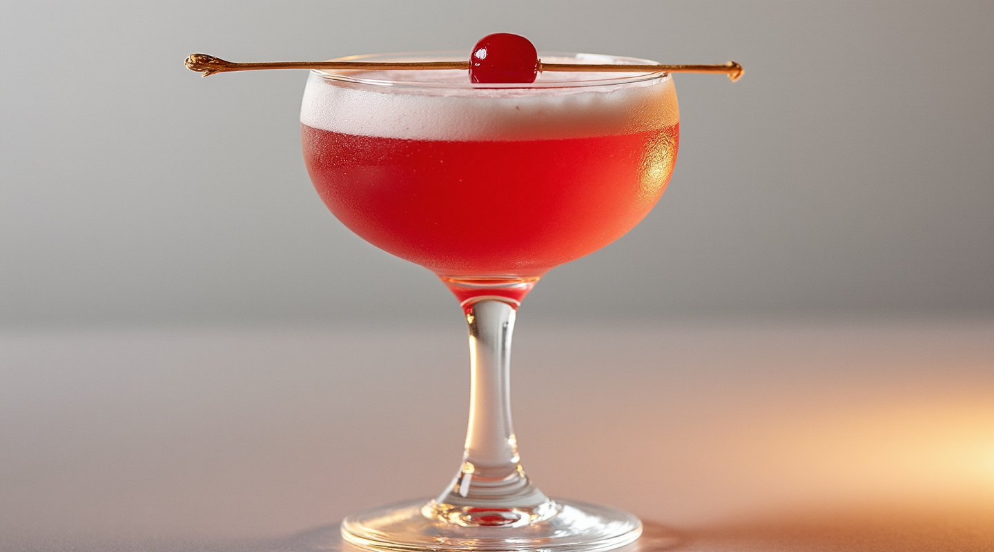 Ace Cocktail in a Coupe glass, creamy with a skewered cherry as garnish