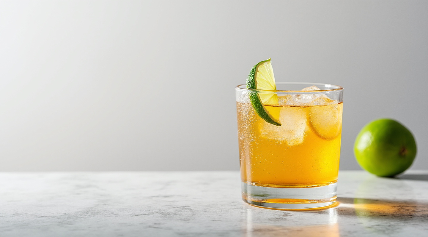 A refreshing Brazil 66 cocktail served in an old-fashioned glass, garnished with a lime wedge.