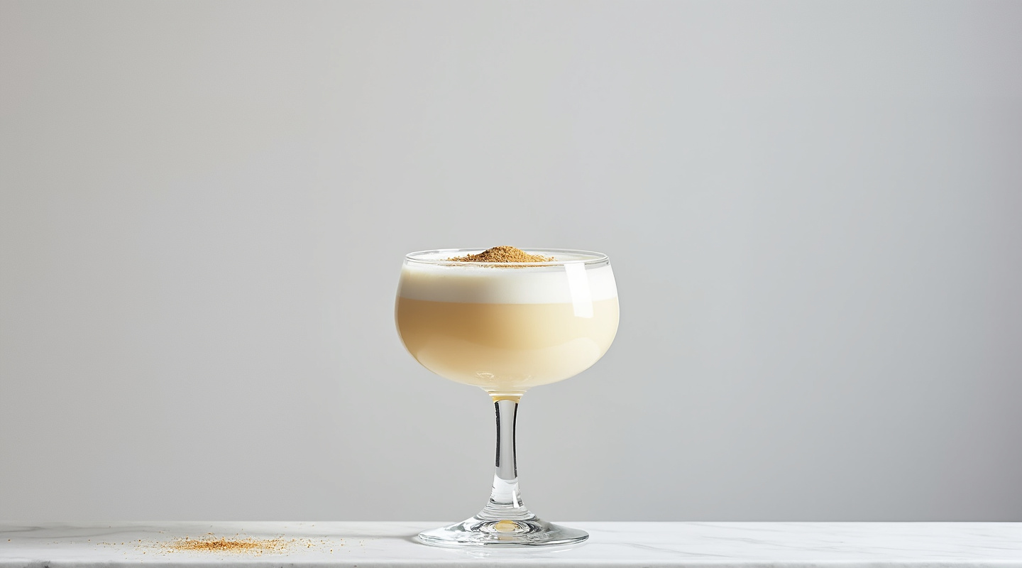 Baltimore Eggnog cocktail served in a wine glass with a garnish of grated nutmeg