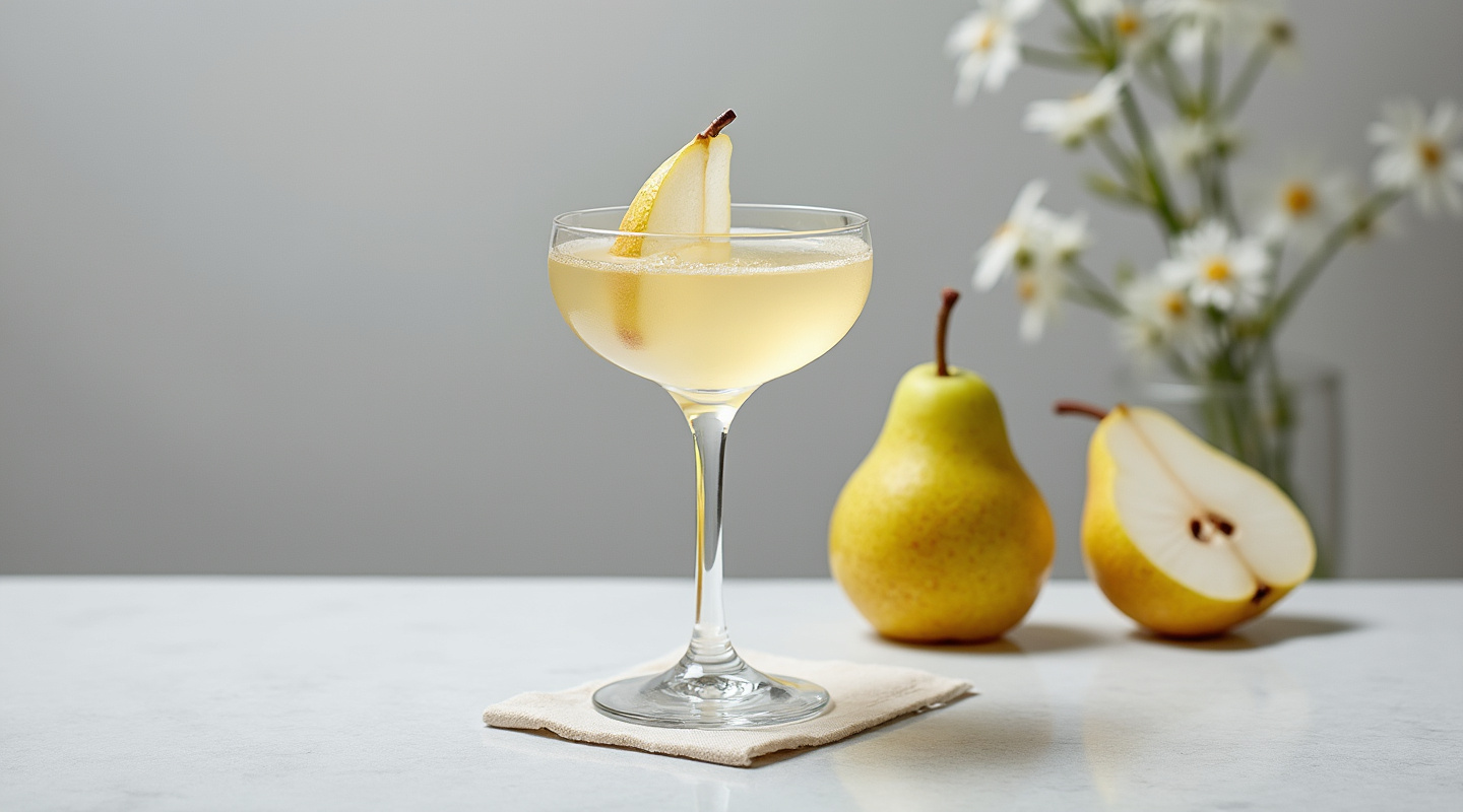 A beautifully prepared What A Pear cocktail served in a coupe glass with a pear wedge garnish.