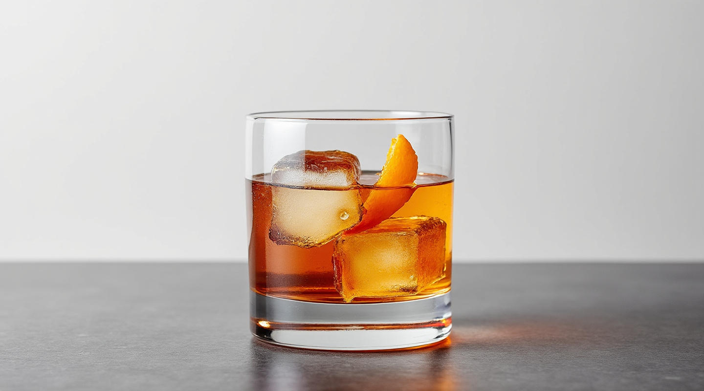 Prune Face cocktail served in an old-fashioned glass with a garnish of orange zest twist.