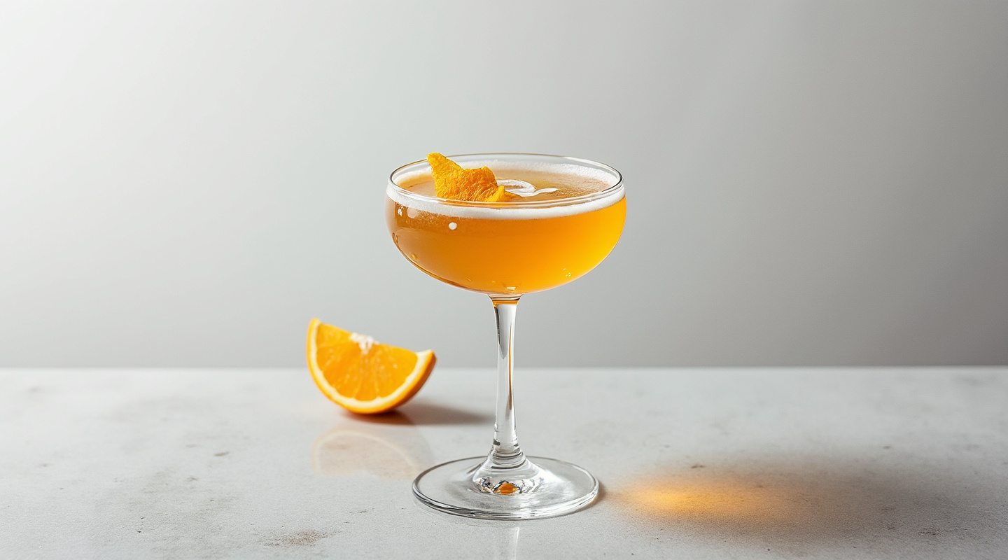 Ray Gun Cocktail in a flute glass with a vibrant blue color and an orange zest twist garnish