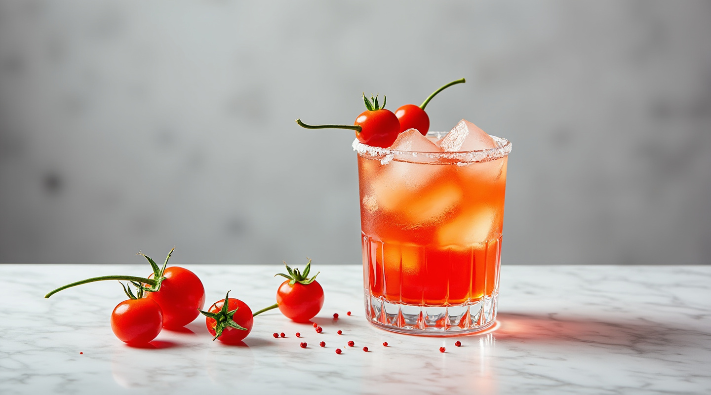 A vibrant Red Snapper cocktail served in a Collins glass with a salt & pepper rim.