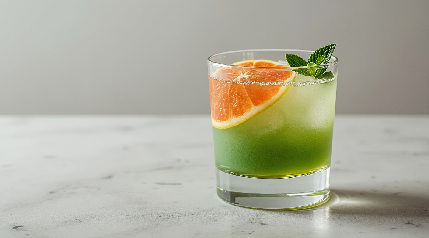 Squashed Frog cocktail in a shot glass, layered with grenadine, green melon liqueur, and advocaat.