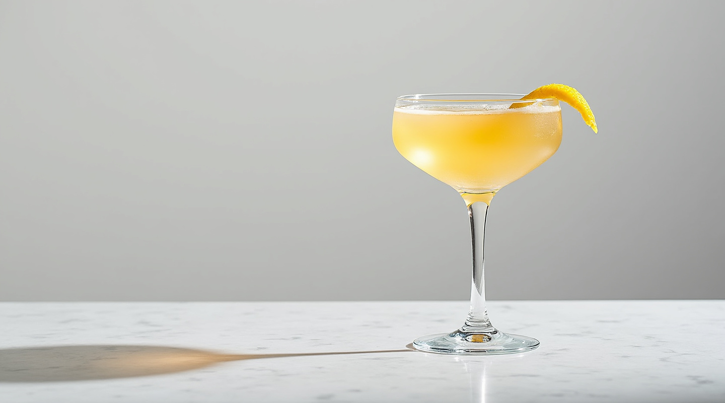 A vibrant Sunshine No. 2 cocktail served in a coupe glass with a lemon zest twist garnish.